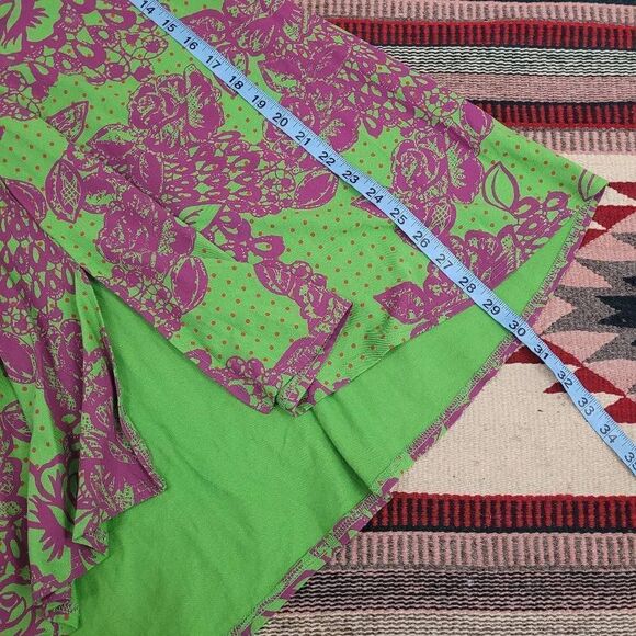 Title Nine A-line Skirt Sz L Floral Green Purple Ruched Waist Front Slit Stretch - Picture 5 of 5